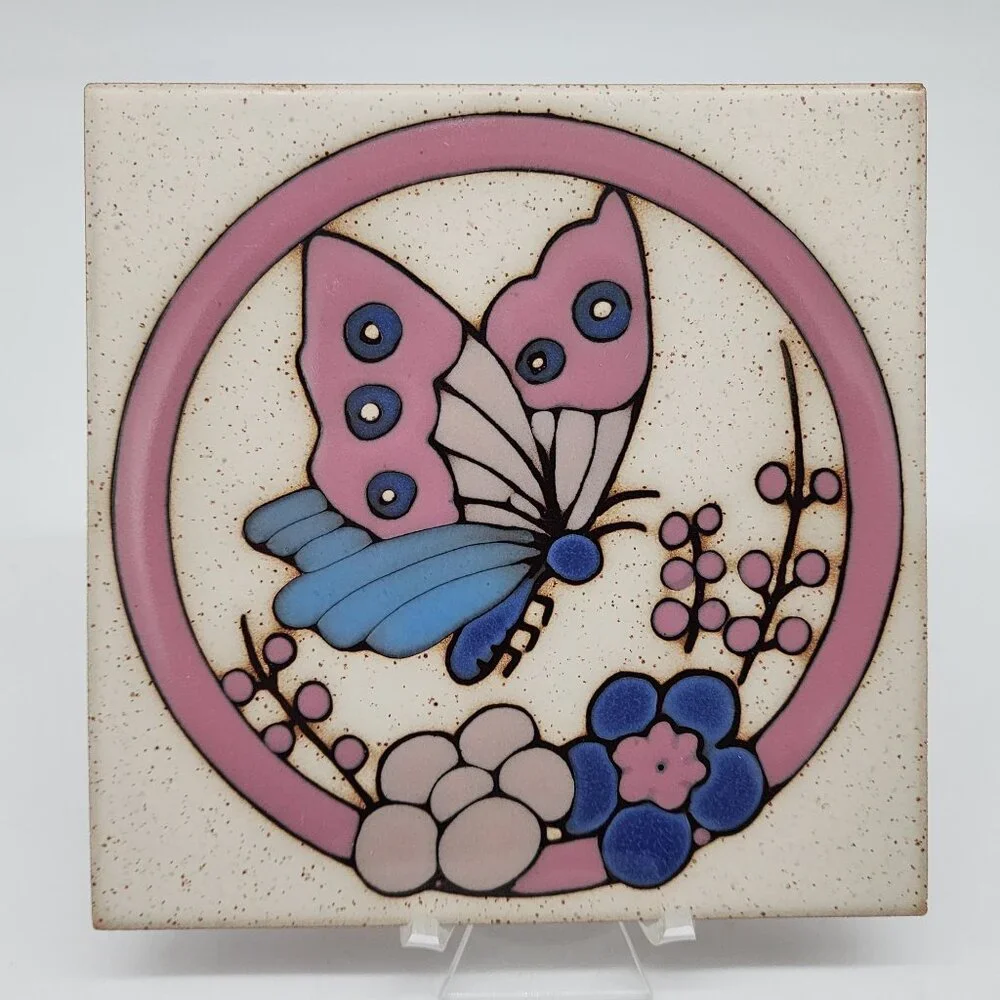 Decorative Ceramic Tile Trivet Wall Hanging Butterfly & Floral 6
